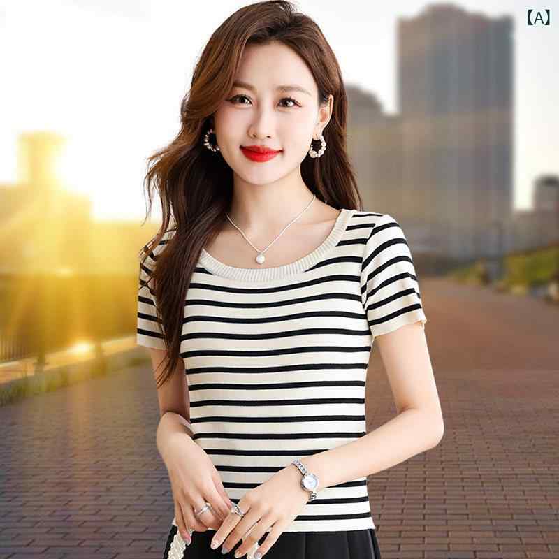 Tシャツ レディース 白 ストライプ 柄 半袖 夏用 ラウンドネック ニット トップス カジュアル 普段使い 軽量 吸湿速乾 綿混 素材 落ち肩なし ファッション