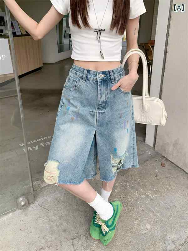デニムパンツ 女性用 春夏 破れ 個性的 ハイウエスト ワイドレッグ ゆったり 膝上丈 コットン ストレッチ 軽量 吸湿速乾 通勤 普段使い カジュアル ブルー系
