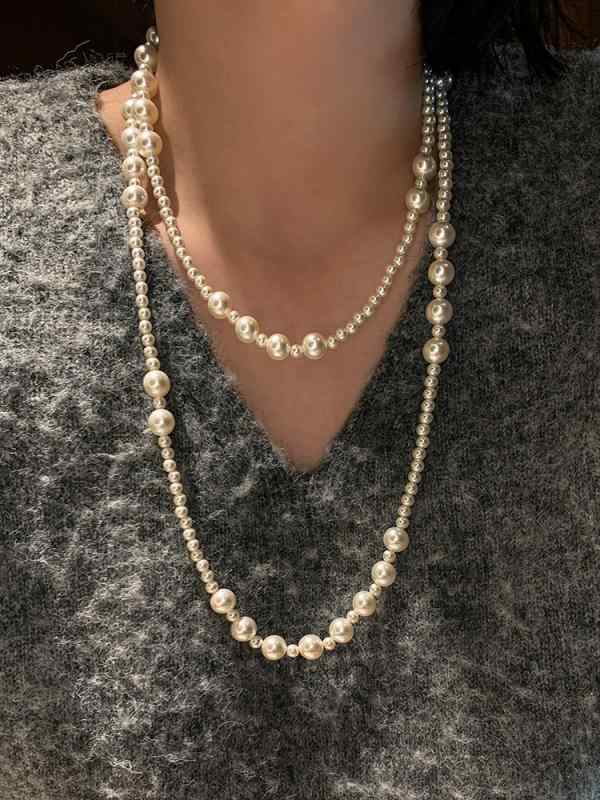 女性用 チャイナドレス ネックレス ロング 二層 多層 重ね付け 大ぶり パール ニット チェーン アクセサリー ジュエリー 首飾り インパクト デザイン 華やか 装飾品