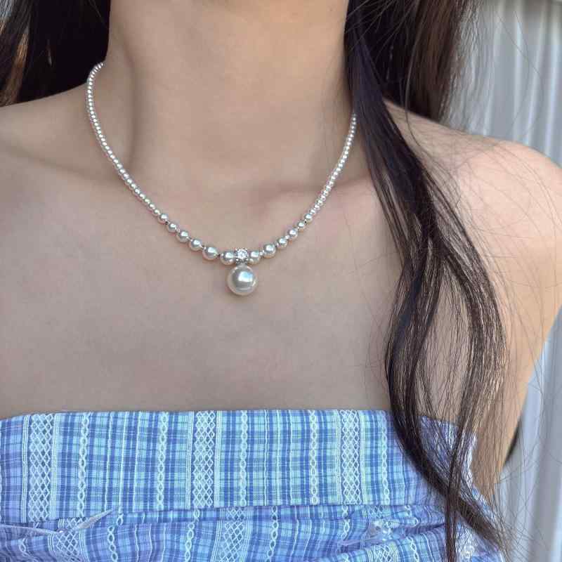 ネックレス 純銀 輝き真珠 グラデーション 鎖骨チェーン 高級感 細身 レイヤード 普段使い 女性用 アクセサリー ジュエリー シンプルデザイン