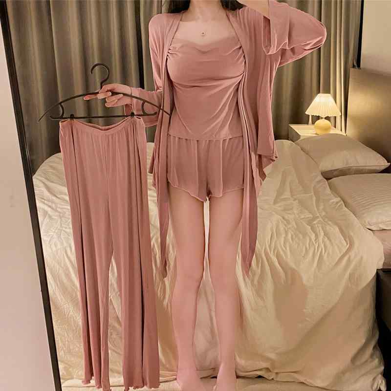 女性用 モダールコットン ホームウェア セット 春夏 4点組 吊り下げブラ 胸パッド付き ロングパンツ 外袍 柔らかい 肌触り 吸湿性 通気性 部屋着 リラックスウェア かわいい