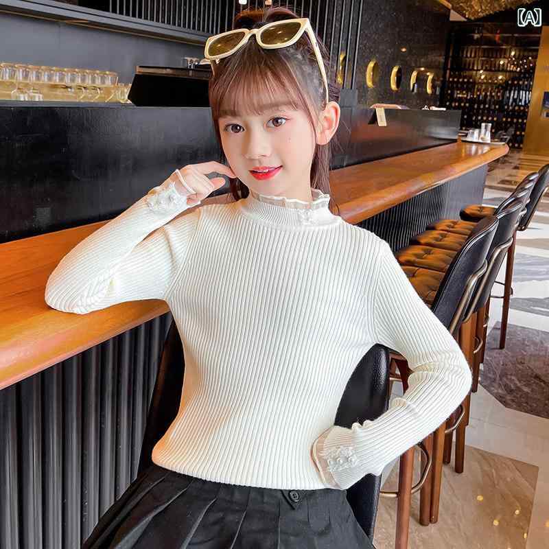女の子用 秋冬 黒 ニットセーター 半高領 インナー トップス 暖かみ 柔らかい 伸縮性 子供服 普段使い