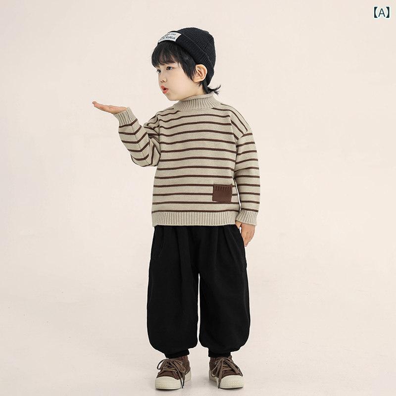 キッズ 男の子 ニットセーター ハイネック ストライプ 冬物 暖か 韓国スタイル 普段使い カジュアル