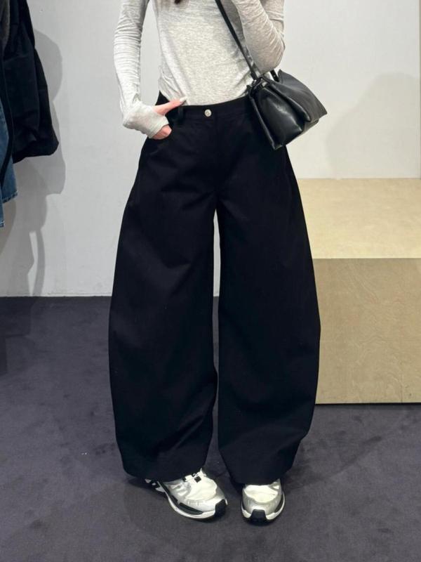 レディース ワイドパンツ 黒 ゆったりシルエット ストレート デコンストラクション コットン 混 素材 軽量 伸縮性 春夏 秋冬 通勤 普段使い カジュアル スタイル ハイウエスト ロング丈 快適 フィット