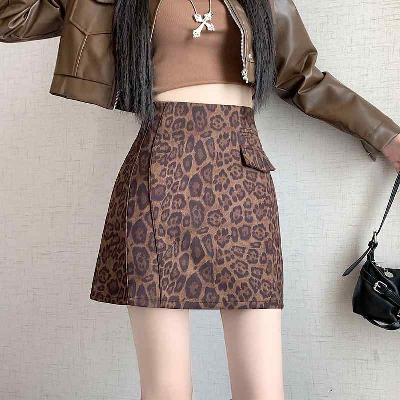 ミニスカート レディース 秋冬 ヒョウ柄 ハイウエスト Aライン セクシー タイト 防透け スタイルアップ スリム 普段使い