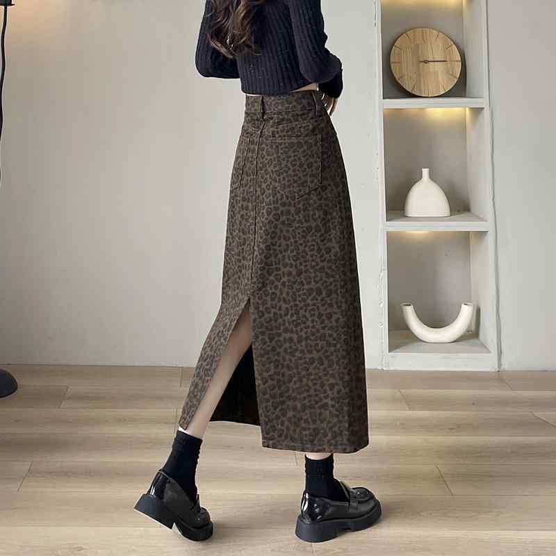 デニムスカート レディース レオパード柄 ゆったり リラックス ストレート 中長丈 小さい体型向け スリム 高級感 春秋 カジュアル 普段使い スタイリッシュ