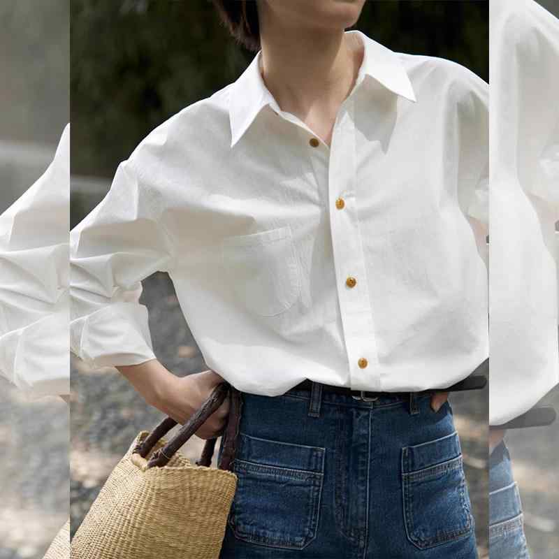 レディース 夏 白 長袖 ゆったり シャツ 通勤 ビジネス トップス レトロ 高級感 ペティート フレンチ スタイル 軽量 綿素材 Vネック