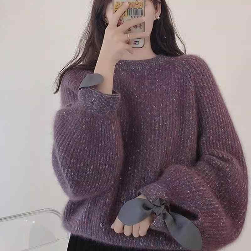 セーター ニットトップス 女性用 ウール混 光沢素材 秋冬 厚手 フレンチスタイル ゆったりシルエット ラフカジュアル 長袖 プルオーバー 暖か リラックスウェア