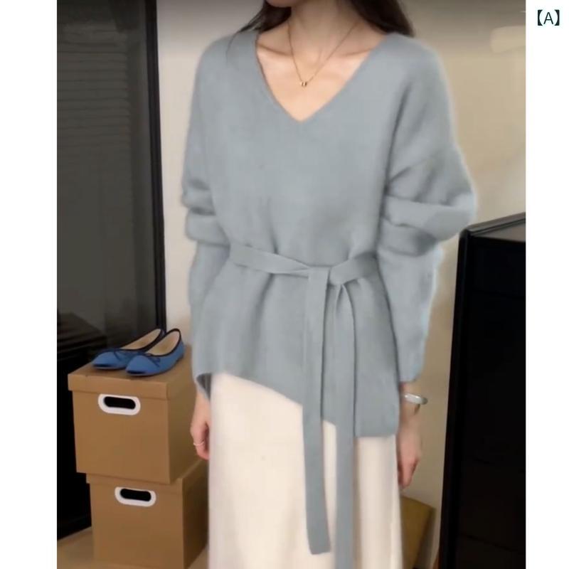 スウェーター 成人女性用 秋冬 ゆったり風 ふわふわ  ソリッドカラー 編み物 収腰 浣熊風毛 ホンブルグ帽  V素っ首 長袖 優しいこと ゆったり影ぼうし 通い 普段使い走り 伸縮性 軽さ