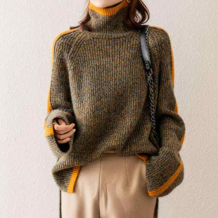セーター レディース 秋冬 厚手 暖かみ 復古 暖色系 切り替え ニット トップス ゆったり フィット ニットセーター 暖房不要 コットン混 長袖 タートルネック インナー 普段使い 部屋着 秋冬コーデ 柔らかい 肌触り ゆったりシルエット 暖か素