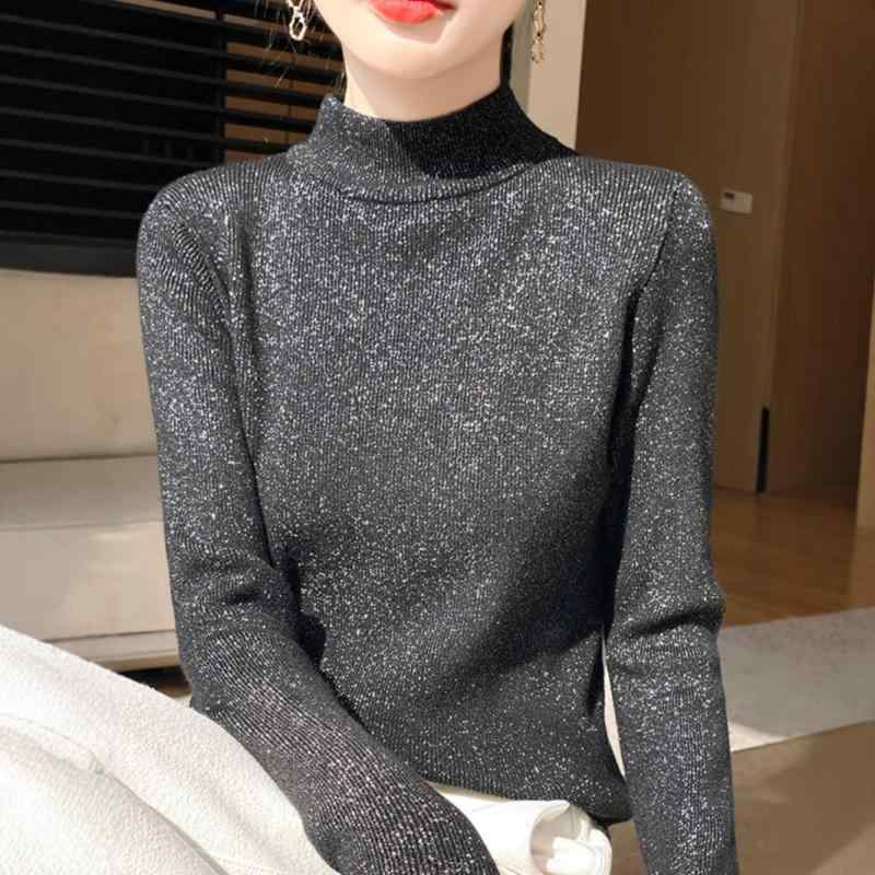 ニット トップス 女性用 半高領 光沢 糸 暖か 保暖 秋冬 インナー レイヤード 普段使い カジュアル 伸縮性 再生繊維 柔らかい 着心地 軽量 高級感 ブラック グレー ベージュ ビッグシルエット 長袖 暖かみ レイヤリング コットン混 ウール調 シ