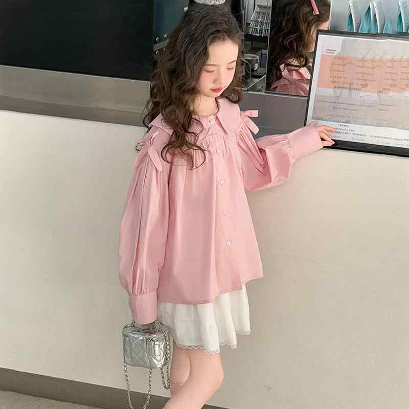 キッズ 女の子 長袖 ブラウス 春 蝶結び デザイン ドールカラー 韓国風 トップス かわいい 学校用 日常使い 伸縮性 コットン素材