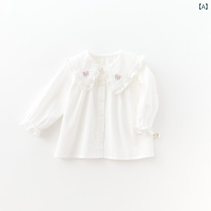 女の子用 綿 白 ドールカラー フレンチスタイル ブラウス 春秋 トップス 子供服 柔らかい素材 日常使い 軽量 シンプル