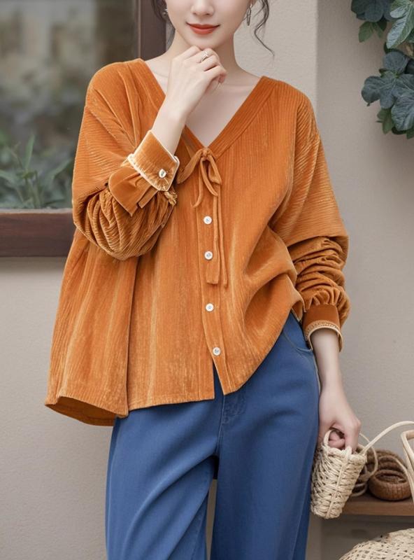 秋冬 女性用 トップス シャツ Vネック 切り替え ベルベット 素材 オレンジ 色 軽量 伸縮性 高級感 通勤用 普段使い 部屋着 カジュアル スタイル 再生繊維 吸湿速乾