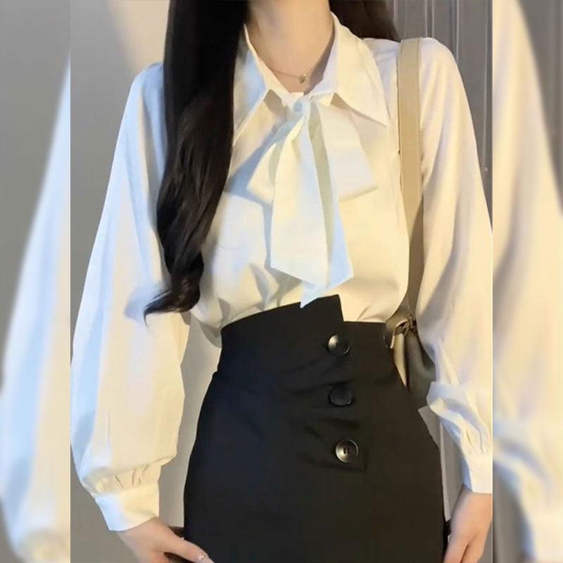 シャツ レディース 白 リボン デザイン 小柄 春秋 通勤 インナー シフォン 軽量 個性 トップス 綿混 伸縮性 Vネック