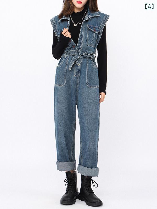 レディース 無袖 つなぎ デニムパンツ ヴィンテージ ゆったり ストレート ロング丈 カジュアル ワーク デニム素材 伸縮性 日常使い