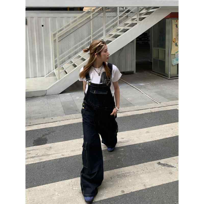 デニム サロペット ワイドレッグ ストレート ゆったり 多ポケット ワークスタイル アメリカン レトロ カップル ユニセックス カジュアル 普段使い コットン混 耐久性｜リバーパディ