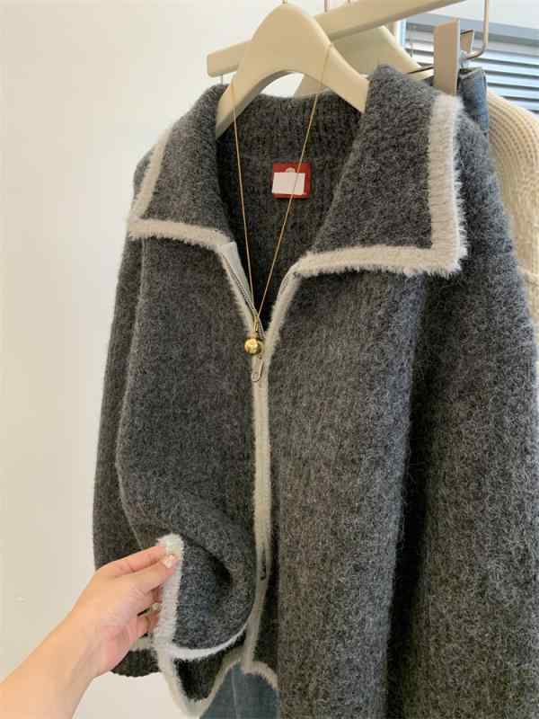 セーター 女性用 秋冬 グレー 毛糸 ジップアップ コート風 アウター 厚手 ゆったり ショート丈 ニット カーディガン スタンドカラー トップス 暖か ゆったりシルエット ニット素材 軽量 伸縮性 普段使い 通勤用 カジュアル