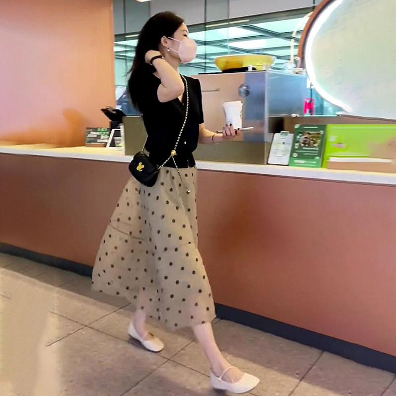 レディース 夏 衣裳 スコート 2点書き割り 水玉 小っちゃい相応う 御前上等感  着こなし ポルカ一点 MIDI丈 太陽フレア 軽さ 綿織物混 吸湿速乾 通い 普段使い走り 愛くるしい 影ぼうし