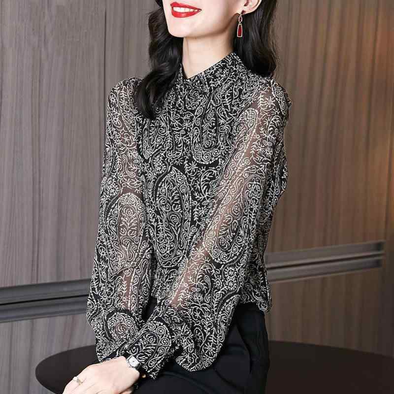 シャツ 女性用 立領 雪紡 プリント トップス 春夏 軽量 通勤 普段使い 切り替え 再生繊維 ブラウス スタンドカラー フェミニン シフォン 花柄 ユニーク ロングスリーブ カジュアル