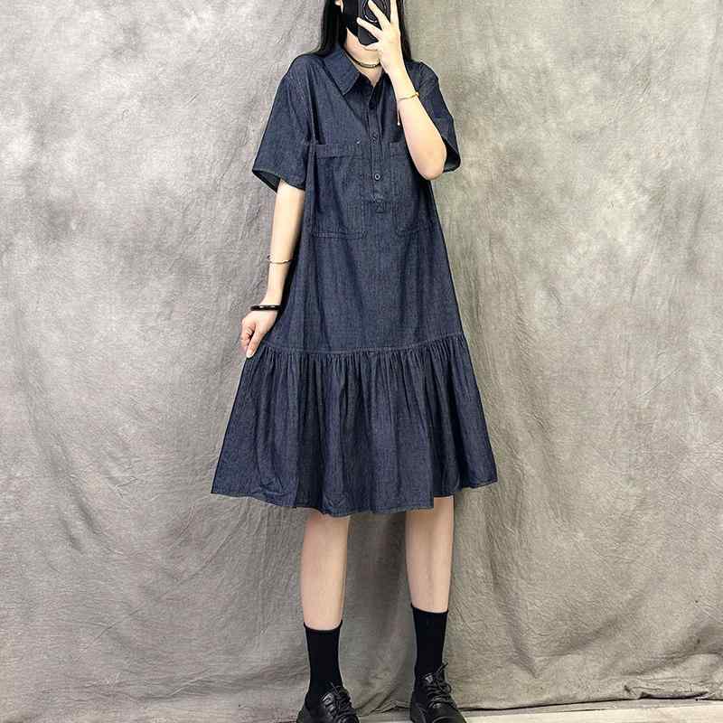衣裳 レディース 夏 薄っぺら ジーンズ フレンチ表現スタイル ビッグ大きさ 雅びやか か細い 心地よい 軽さ 綿織物混 吸湿速乾 雅びやか ゆったり影ぼうし 青碧系