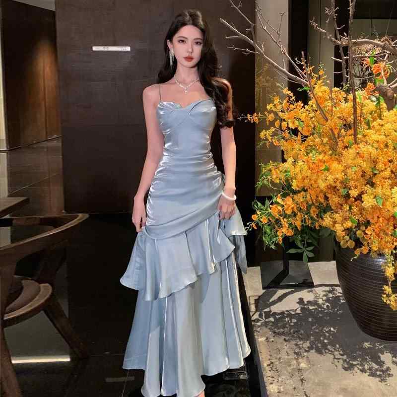 ワンピース レディース フリル ハイエンド ストラップ プリンセス 紫色 成人 礼服 パーティー パーティー ドレス ゆったりシルエット 軽量 伸縮性 再生繊維 接触冷感 春夏 秋冬 通勤用 普段使い アウトドア かわいい ビッグシルエット Vネック