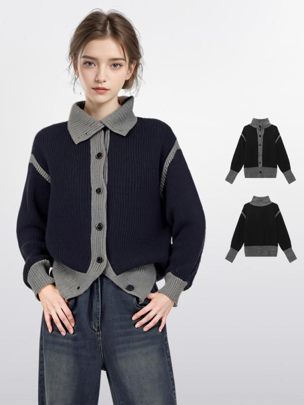ニットカーディガン 女性用 秋冬 ブラックグレー ポロカラ 切り替え 厚手 ゆったり ショート丈 ラフスタイル 暖か リラックス コットン混 柔らか素材 日常使い 軽量 長袖