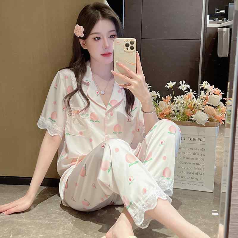 パジャマ レディース 夏用 薄手 　 甘美 レース ピーチカラー 短袖 長パンツ 3点セット ルームウェア 外出着 軽量 吸湿速乾 ナイトウェア 部屋着
