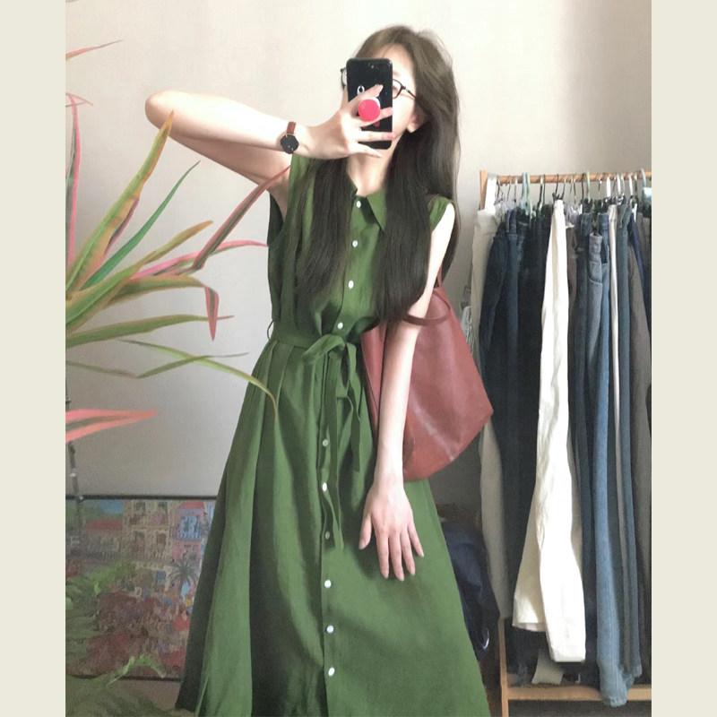 ワンピース 女性用 グリーン 無袖 ゆったり ロング 夏用 紐付き 高級感 デザイン スリム効果 気品 カジュアル