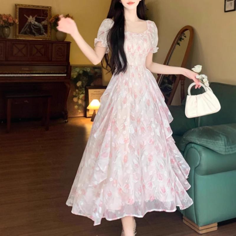 ワンピース 女性用 春夏 フレンチスタイル フレア袖 ロマンチック フラワープリント シフォン素材 ゆったり 大きいサイズ 気品 ウエスト切り替え スリムライン 軽量 透け感 フェミニン ロング丈 かわいい ガーリー 花柄 涼しい 接触冷感 吸湿速乾 通