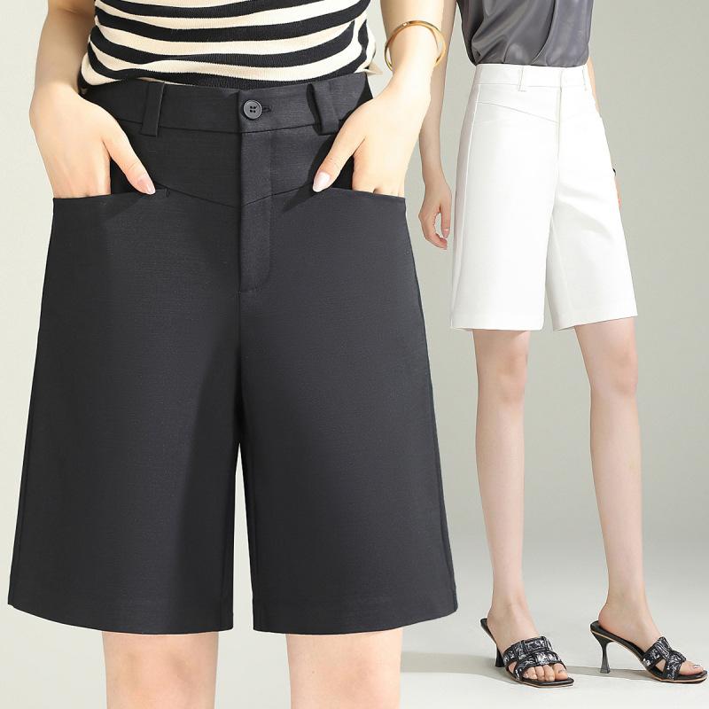 パンツ レディース 春夏 女性用 ハイウエスト 垂感 Aライン ショートパンツ スリム ストレート 薄手 スーツ ワイドレッグ 吸湿速乾 軽量 伸縮性 通勤 普段使い ブラック ピンク系 アイボリー