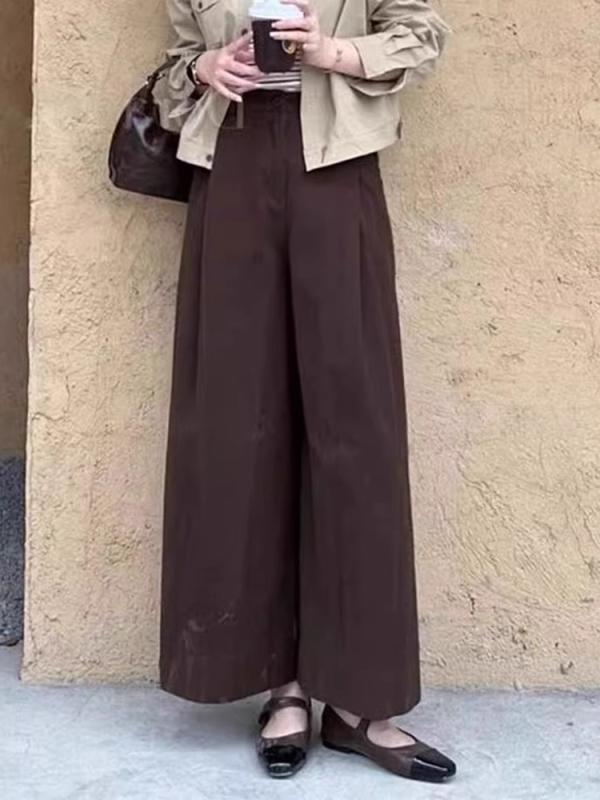ワイドパンツ 女性用 秋 プレーツ コーヒー色 梨型ボディ スリム ハイウエスト ゆったりシルエット 高級感 ストレッチ 吸湿速乾 コットン混 秋冬 日常使い カジュアル