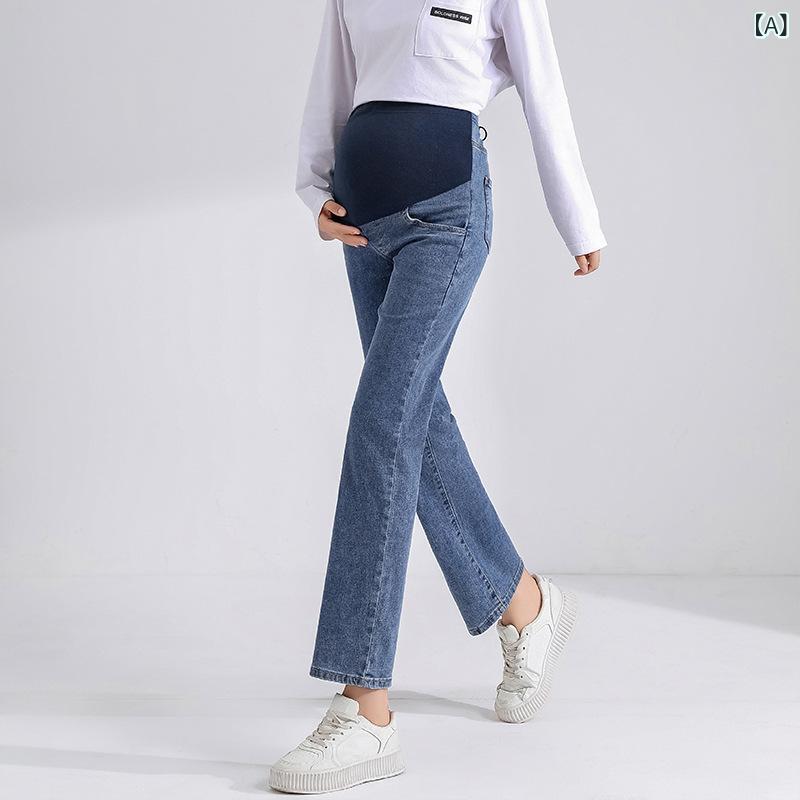 マタニティパンツ 女性用 春秋冬 牛仔パンツ 外穿 ワイドレッグ ハイウエスト 腹帯 クロップド ストレート スリム デニム 伸縮性 通勤 普段使い 軽量 妊婦服