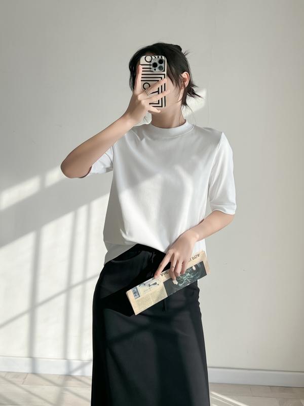 Tシャツ レディース 立領 中袖 女性用 綿 トップス ゆったり 細身 丸首 短袖 インナー 吸湿速乾 軽量 通勤用 普段使い 春夏 ブラック ホワイト グレー