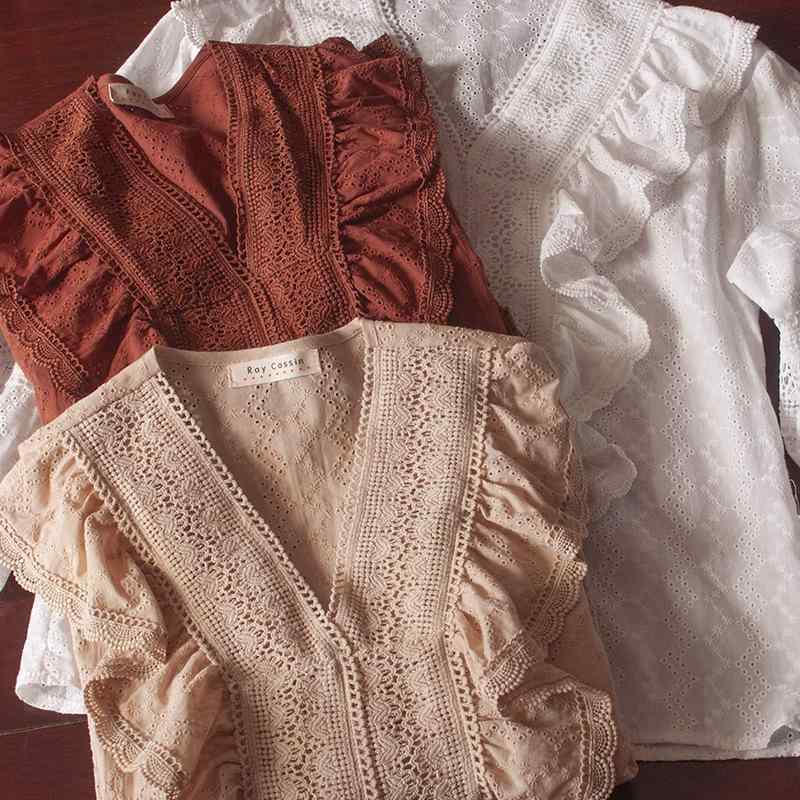 春夏 レディース シャツ トップス 森ガール 復古 刺繍 Vネック 灯籠袖 木の耳エッジ ビッグシルエット コットン 綿素材 軽量 伸縮性 フェミニン スタイル かわいい 通勤 普段使い 部屋着