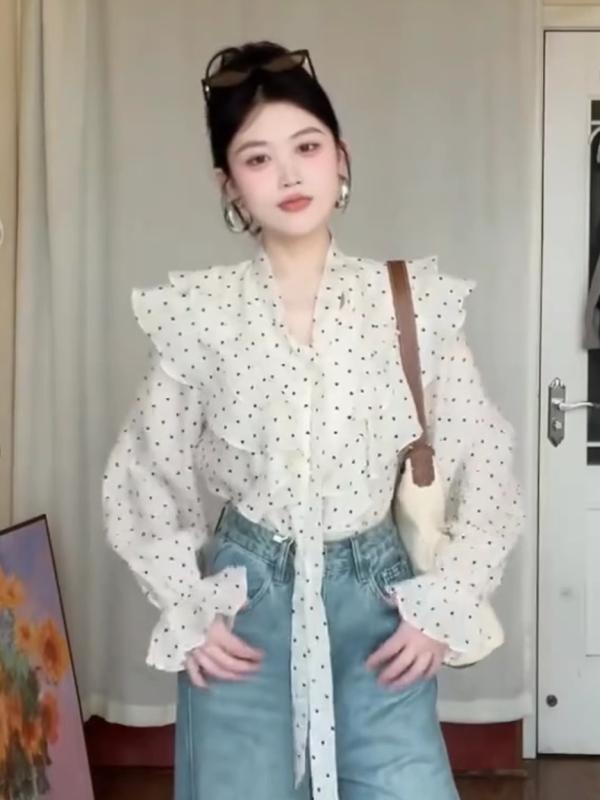 ブラウス 女性用 春夏 フレンチスタイル レース 縁取り ポルカドット シフォン 接触冷感 長袖 トップス 軽量 通勤 普段使い カジュアル ハイネック フレア袖 アイボリー ピンク系 ブラック 吸湿速乾 伸縮性 高級感 ビッグシルエット Vネック