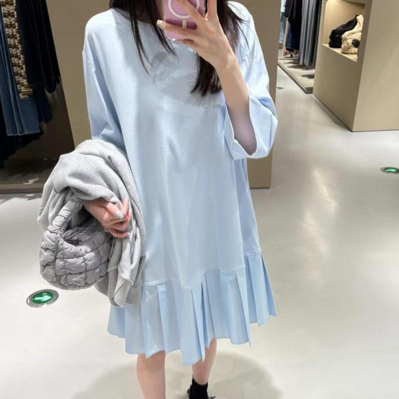 レディース トップス ニット Tシャツ ワンピース ゆったりシルエット 切り替え プリーツ 春夏 コットン混 伸縮性 通勤 普段使い カジュアル ブラック グレー ピンク 軽量 吸湿速乾 女性用 膝丈 丸首 Vネック ロングスリーブ｜リバーパディ