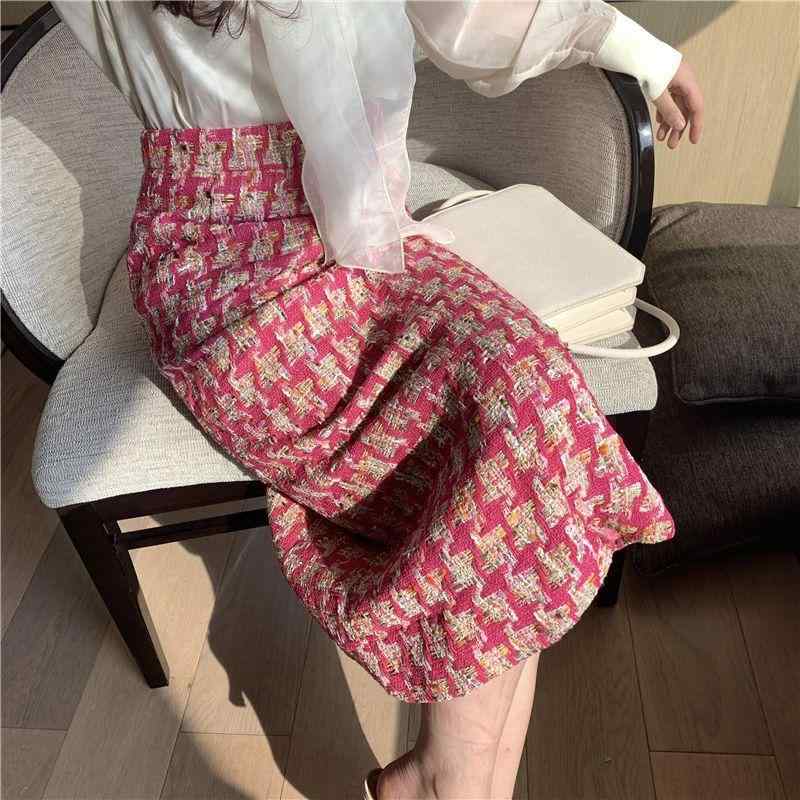 スカート 女性用 フレンチスタイル 粗花・希 ミドル丈 ストレート チェック柄 スリット ワンピーススカート ピンク Aライン ロング 厚手素材 暖か 普段使い 通勤 秋冬 かわいい シルエット 軽量 ウール混 コットン