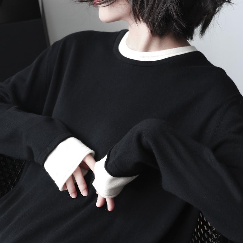 編み物 トップス お上さん用 丸首 花の冠yd  ゆったり ロング捩り 黒 毛糸 混 綿 混 編み物スウェーター 生あたたかい パステル色の 普段使い走り 秋冬 心地よい