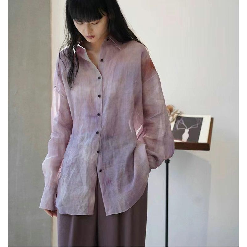 シャツ 女性用 春夏 高級感 軽量 透気性 ピンク系 麻 プリント ゆったり 長袖 トップス 切り替え 吸湿速乾 コットン混 涼しい 日常使い ブラウス