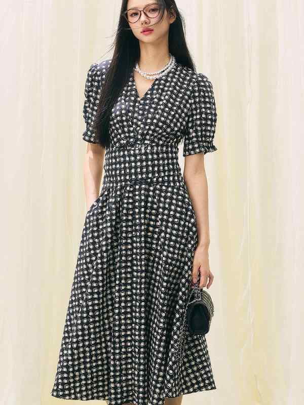 ロングドレス 女性用 春夏 フレンチスタイル ビンテージ 100%綿 黒白チェック ポルカドット プリント フリル袖 ゆったりシルエット 軽量 通勤 普段使い かわいい 吸湿速乾 柔らかい素材 膝下丈 Aライン