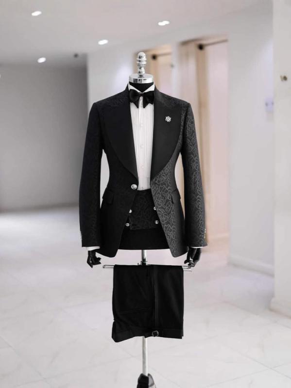 メンズ スーツ セット 提花 礼服 西装 秋 フォーマル ウエディング タキシード ビジネス フォーマルウェア ジャケット ベスト パンツ セット ウール混 ポリエステル 光沢 スタイリッシュ スリムフィット 通勤 結婚式 パーティー ダークカラー ベー|リバーパディ