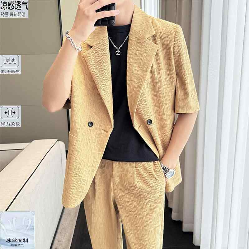 メンズ 西装仕掛ける 人付き合い冷感 垂感 中袖 短袖 上衣 ワイドレッグパンツ 直筒 ゆったり影ぼうし 綿混 軽さ 吸湿速乾 夏用 商行為心地好い 普段使い走り 黒いこと 薄墨色系 クールビズ 通い相応う スーツ・セットアップ-メンズファッション-スーツ
