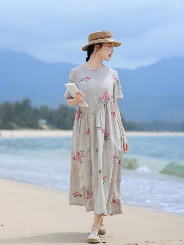 衣装 レディース 春夏 麻原料品 刺しゅう ロングお召しもの 太陽フレアスコート 旅する 通い 普段使い走り 軽さ 吸湿速乾 愛くるしげ ボヘミアン  ロング丈 うつり変わり  緑であること系