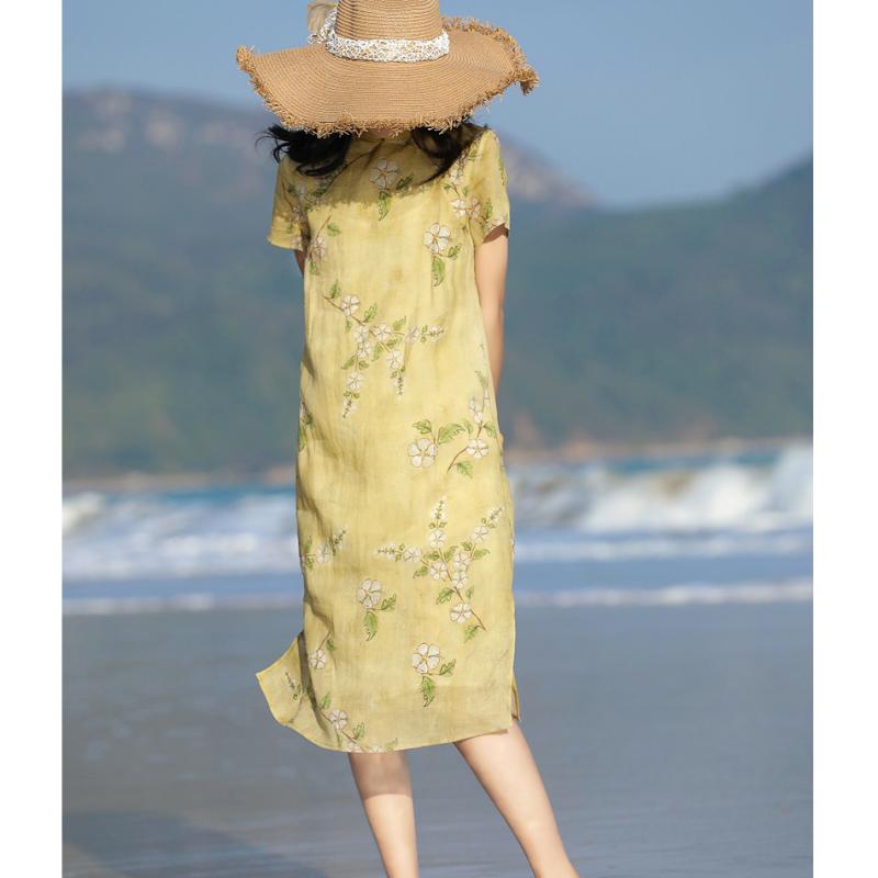 衣装 成人女性用 麻原材料 印花柄 旅する 文? 立襟 短袖 ロング丈 軽さ 吸湿速乾 通い 普段使い走り 春夏 黒いこと サクラ色系 象牙色