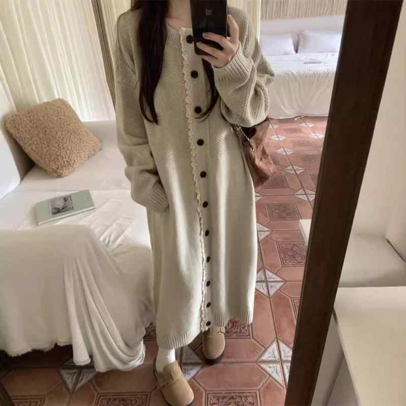 ニット ワンピース 女性用 秋冬 ロング レイヤード セーター ドレス 森ガール ビンテージ 風 暖か 柔らか ゆったり シルエット コットン混 長袖 膝下丈 普段使い