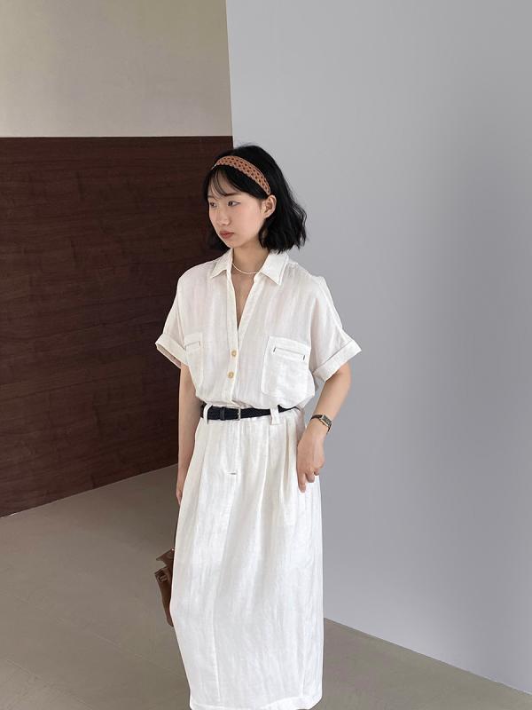 ワンピース 女性用 夏用 麻素材 ロングスカート 高級感 短袖 ベルト付き 軽量 通気性 吸湿速乾 膝丈 フレアシルエット ベージュ系 アイボリー グリーン