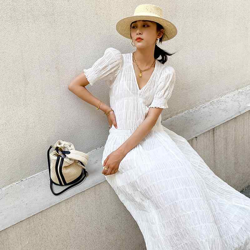 レディース ワンピース 春夏 連衣裙 短袖 フレンチ Vネック ロングスカート 接触冷感 吸湿速乾 軽量 綿混 再生繊維 膝下丈 膝丈 ミディ丈 花柄 無地 ブラック ピンク系 アイボリー 普段使い 通勤用 伸縮性 ビッグシルエット ハイウエスト