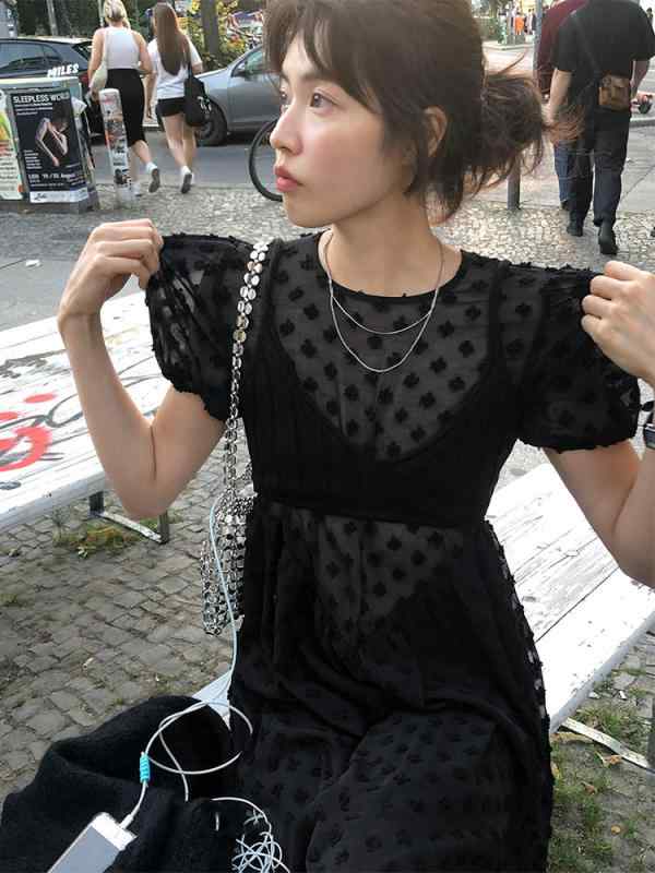 ワンピース レディース 春夏 透け感 丸首 ウエストマーク Aライン ロングスカート 短袖 レイヤード 軽量 コットン混 フレッシュ シンプル スタイリッシュ フェミニン 膝下丈 フレアシルエット 通勤 デート 普段使い 涼しい 伸縮性