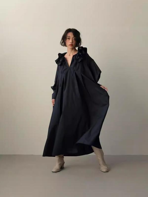ワンピース レディース 春夏 日系 カジュアル ゆったり ランタンスリーブ Aライン 膝下丈 ロングドレス トップス ミディ丈 コットン混 軽量 伸縮性 普段使い 通勤用 ブラック ピンク系 アイボリー